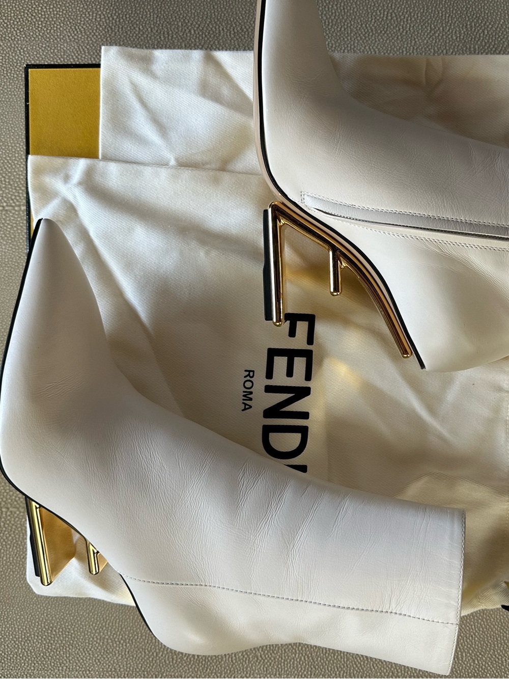 Fendi White Leather Ankle Boots with Gold F-Heel